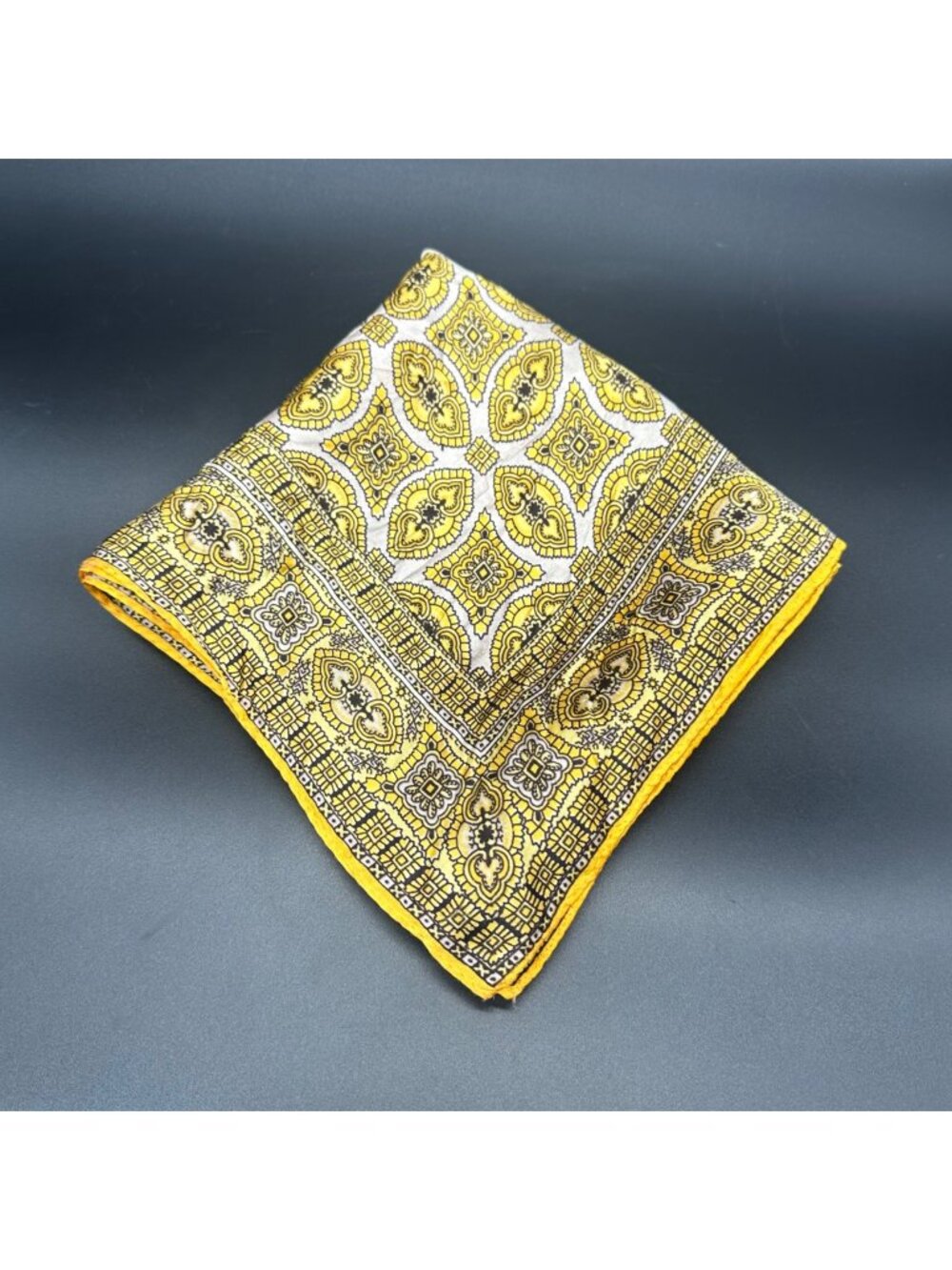 Vintage Yellow Black Geometric Hand Printed Acetate Scarf Japan Rolled Edge